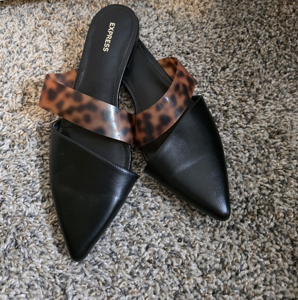 Express, Black Pointed Mule with Leopard-Print Brown Strap, Size 9.5